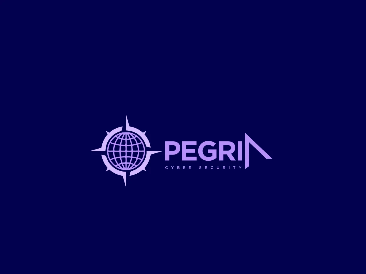 Pegria full logo with compass-globe icon and custom geometric wordmark with Cyber Security tagline on deep navy background