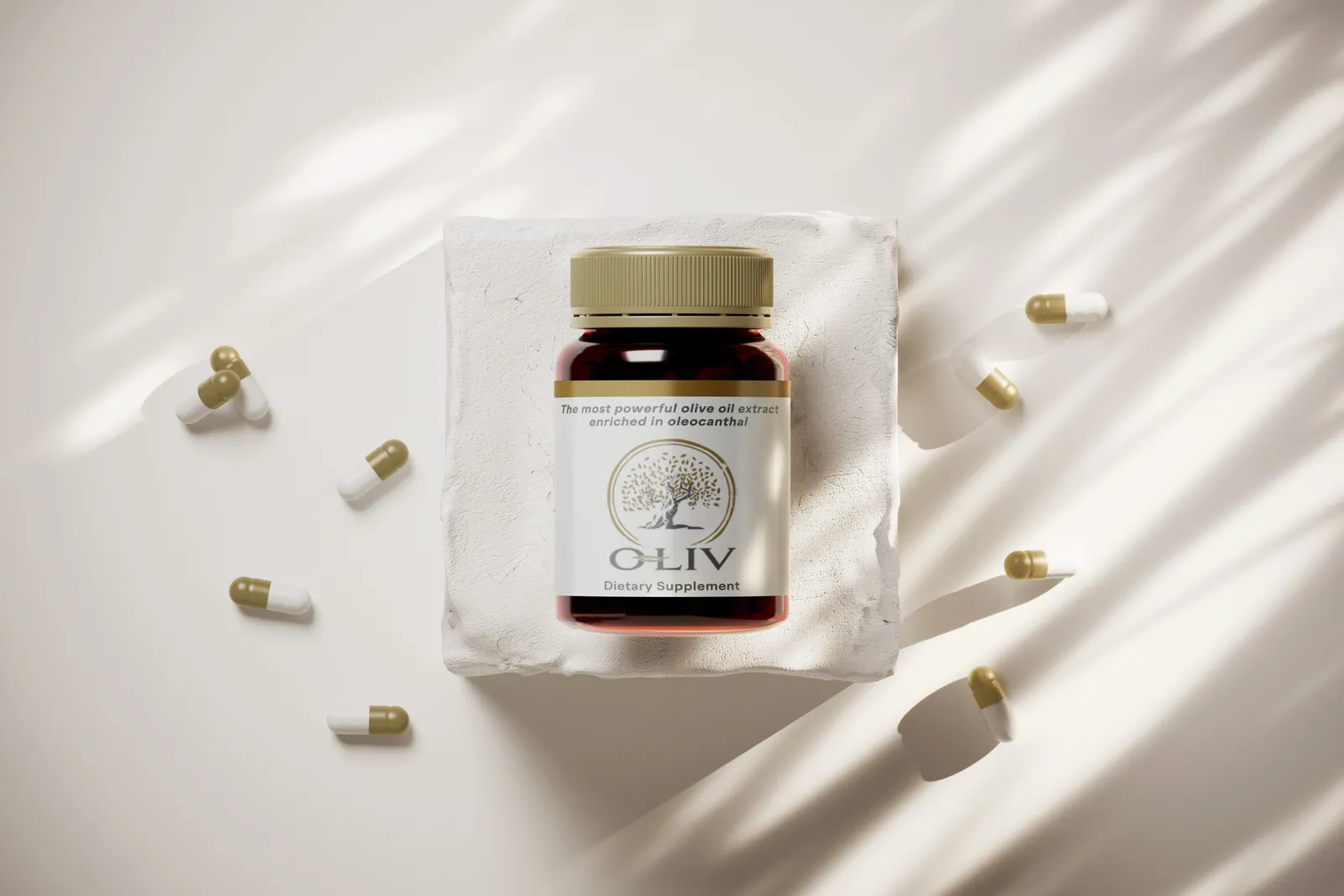 O-Liv high phenolic olive oil supplement bottle mockup on a natural background