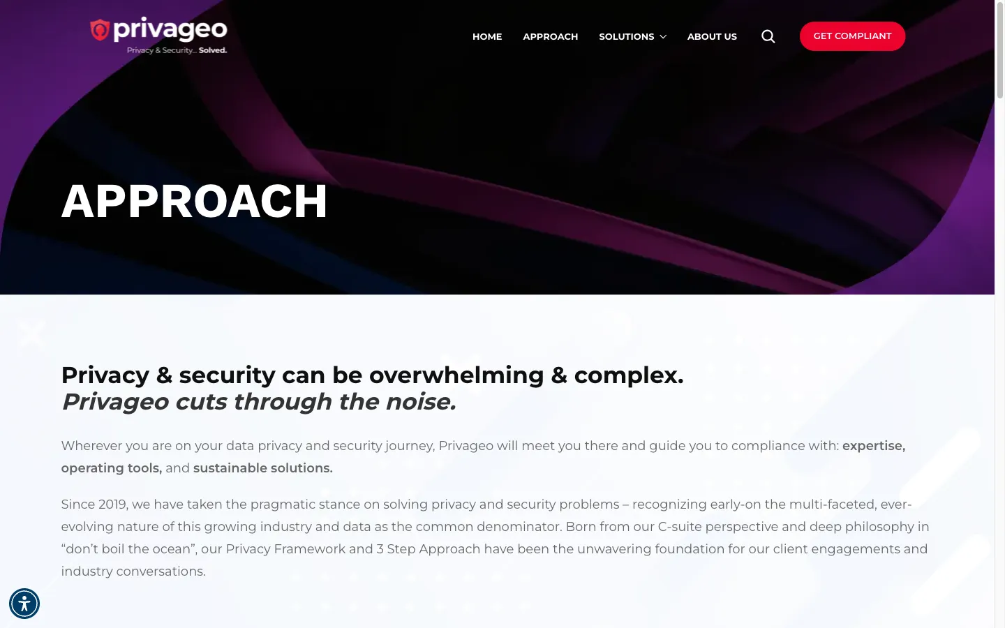 Privageo approach page hero with bold typography and detailed explanation of their privacy and security methodology