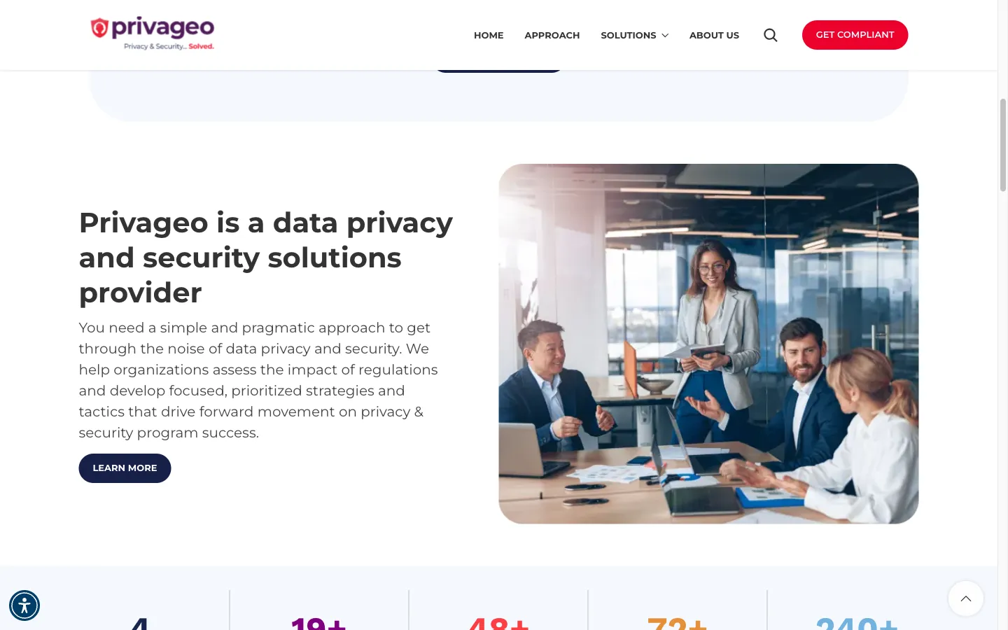 Privageo company description section with team photo alongside statistics