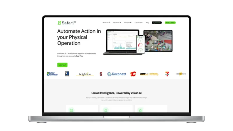 Safari AI homepage showing vision AI platform messaging, enterprise client case studies, and product navigation