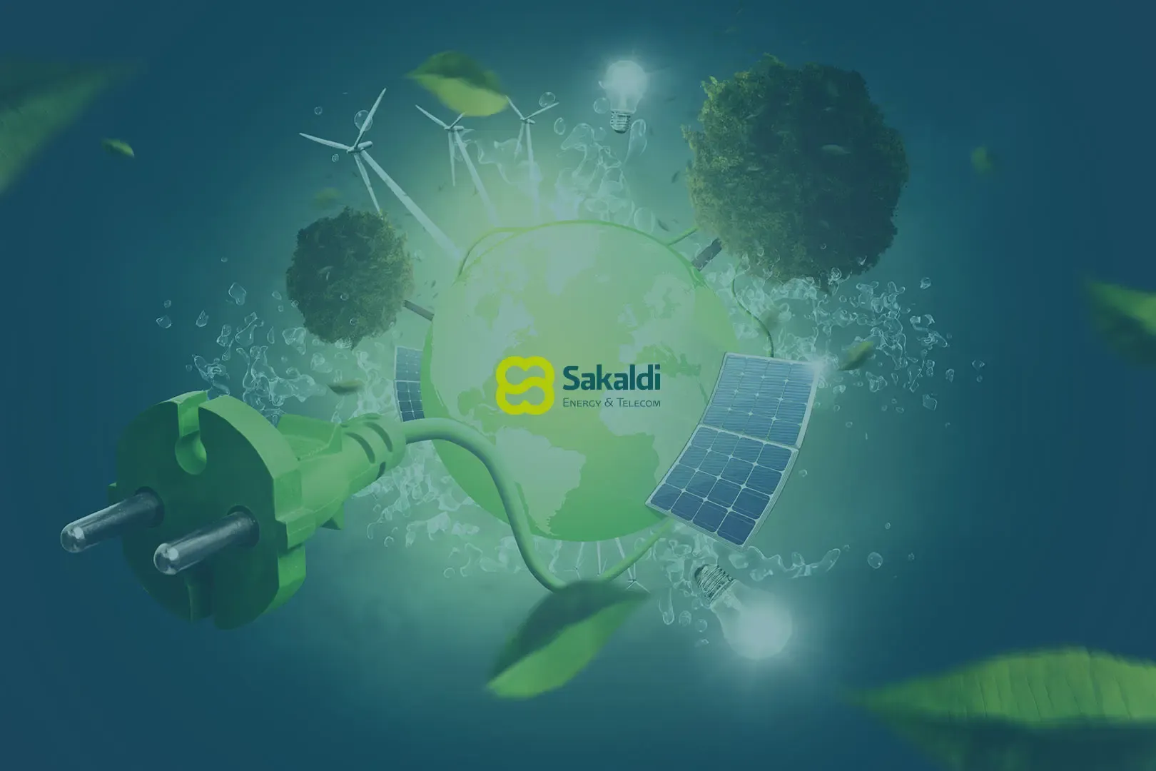 Sakaldi brand cover design with logo centered over renewable energy imagery featuring wind turbines, solar panels, and a green globe