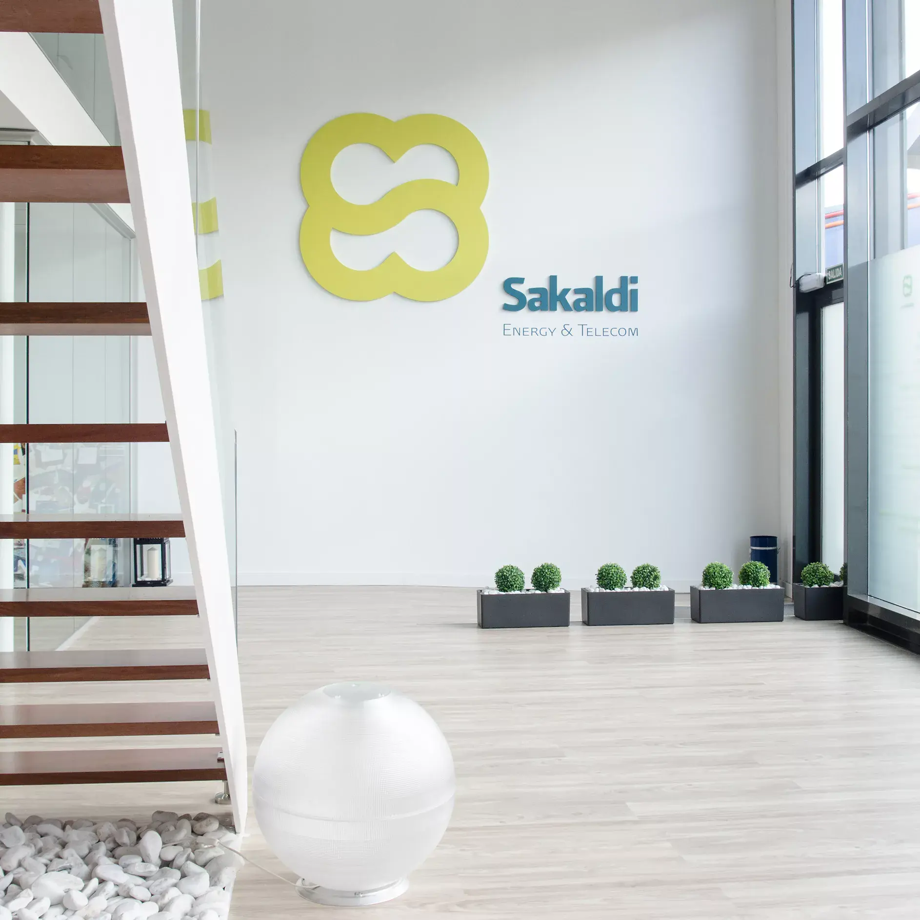 Sakaldi logo as 3D wall sign in modern Bilbao office reception