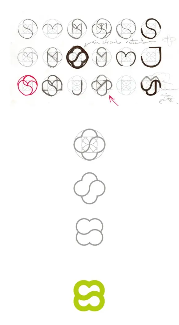 Logo design process from 20+ hand sketches through geometric refinement to final Sakaldi mark