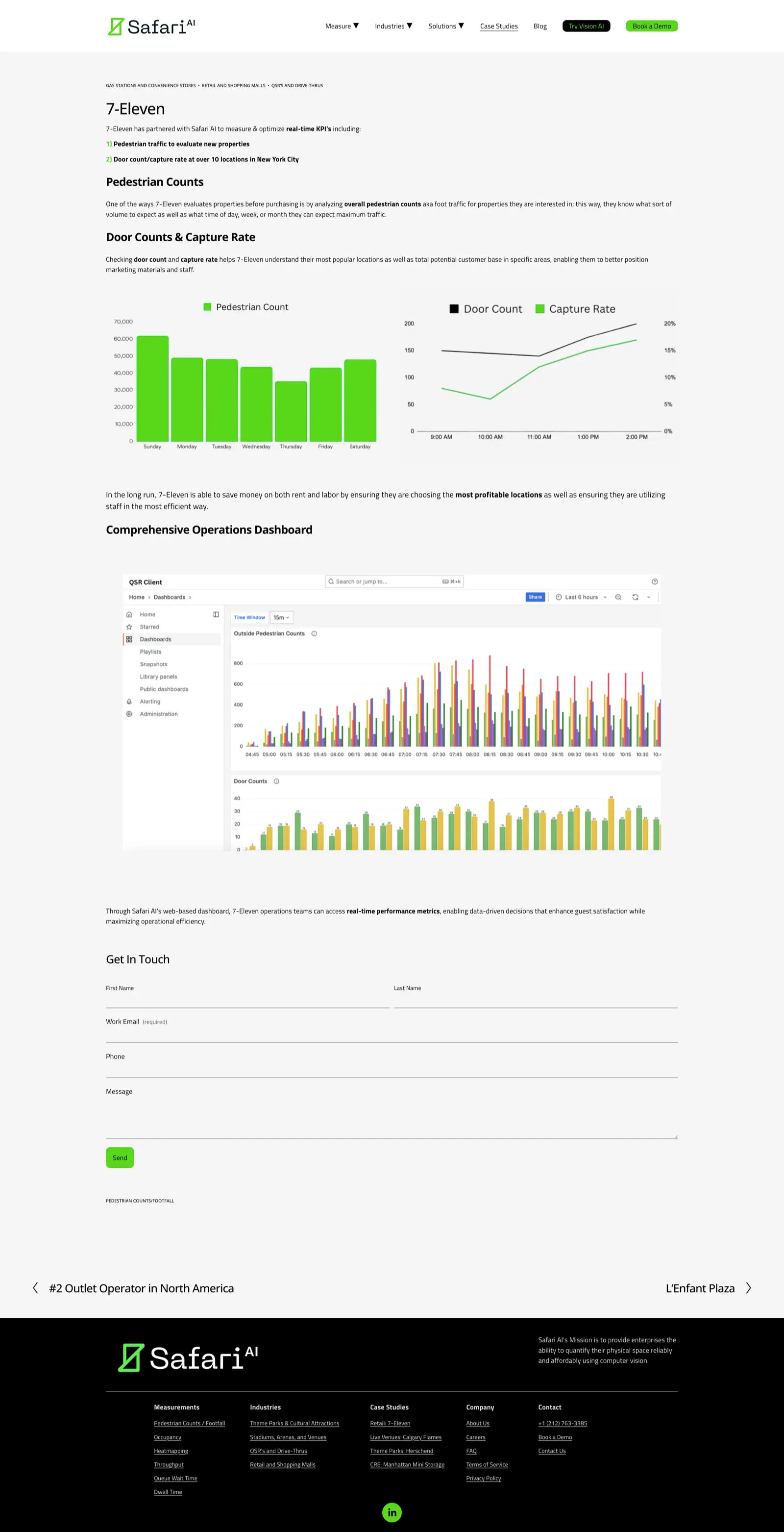 Safari AI 7-Eleven case study page showing pedestrian count charts, door count data, and operations dashboard