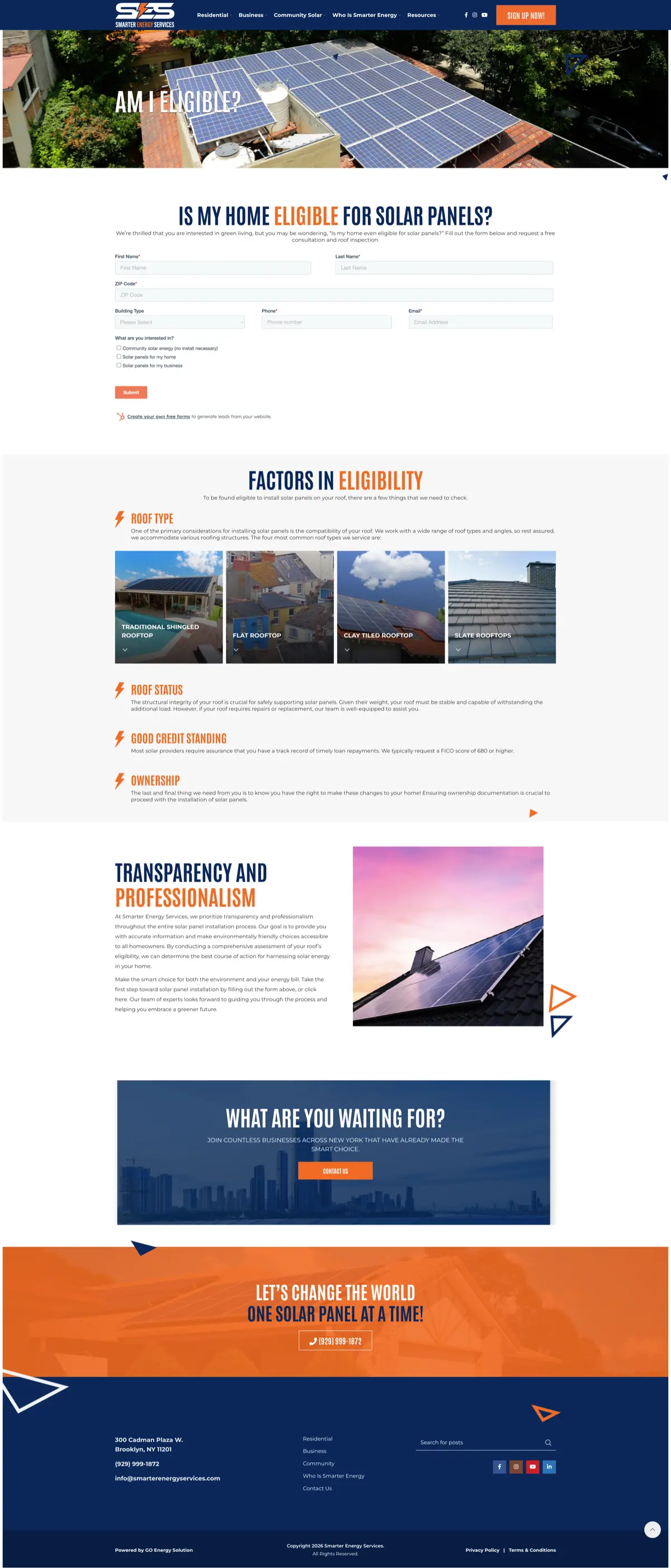 Am I Eligible page with interactive zip code form and visual eligibility factor cards