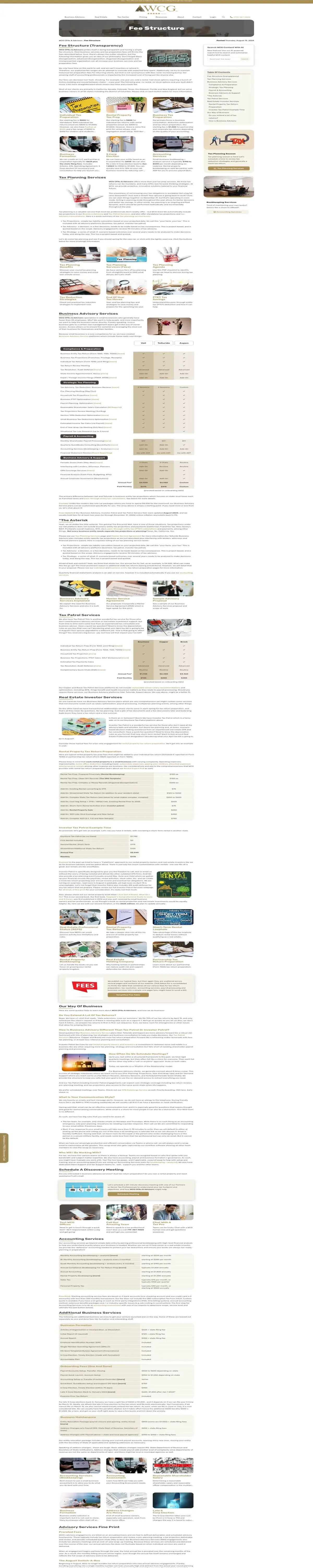 Fee structure page showing transparent pricing and service tiers