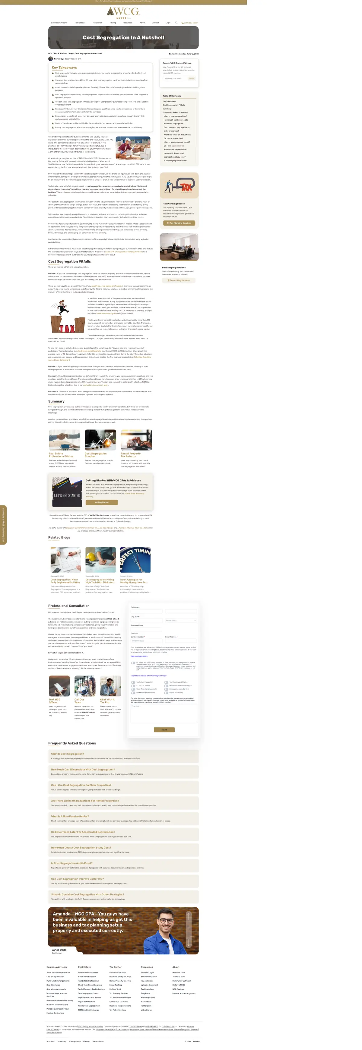 Knowledge Base article on cost segregation with FAQ sections and structured content