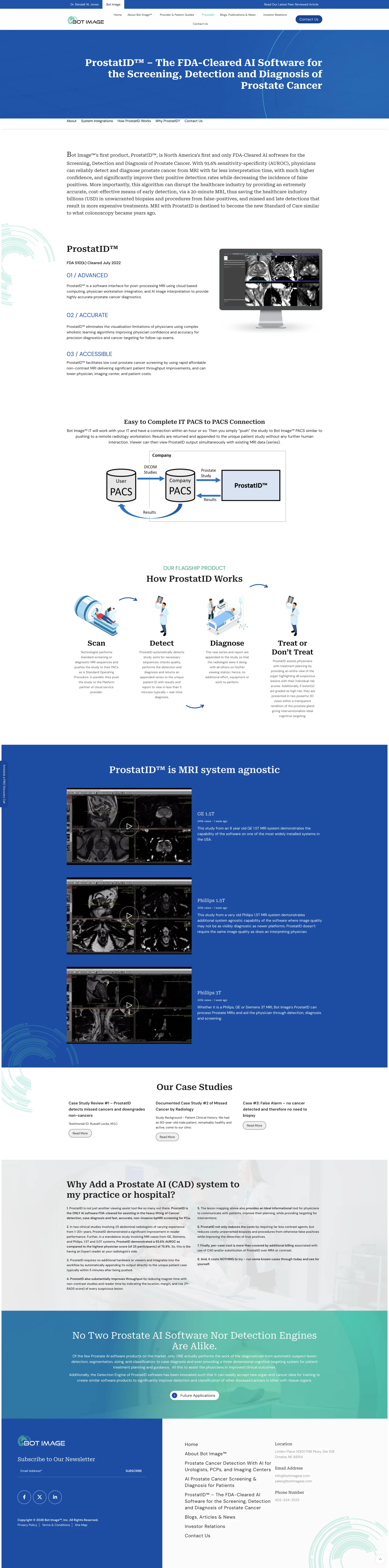 ProstatID product page showing FDA clearance badge, AUROC comparison metrics, and clinical workflow diagram
