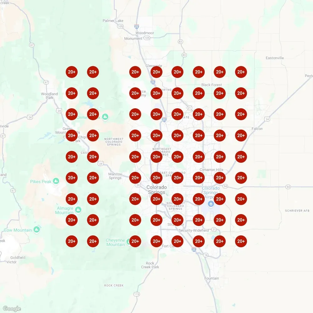Keyword ranking map showing Sealwise Epoxy's SEO visibility before working with DMS, with mostly red and orange indicators showing rankings of 20+ across the Colorado Springs area