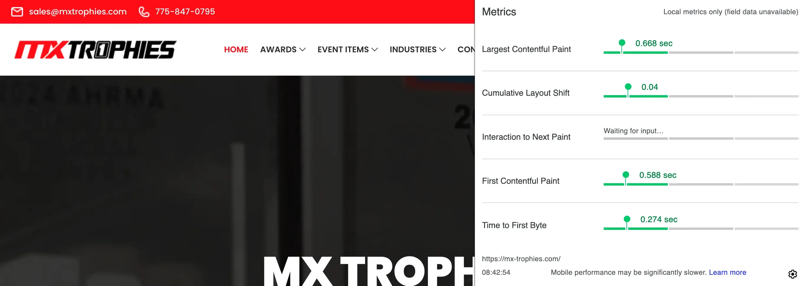 Chrome DevTools performance metrics for mx-trophies.com showing all green Core Web Vitals: LCP 0.668s, CLS 0.04, FCP 0.588s, TTFB 0.274s