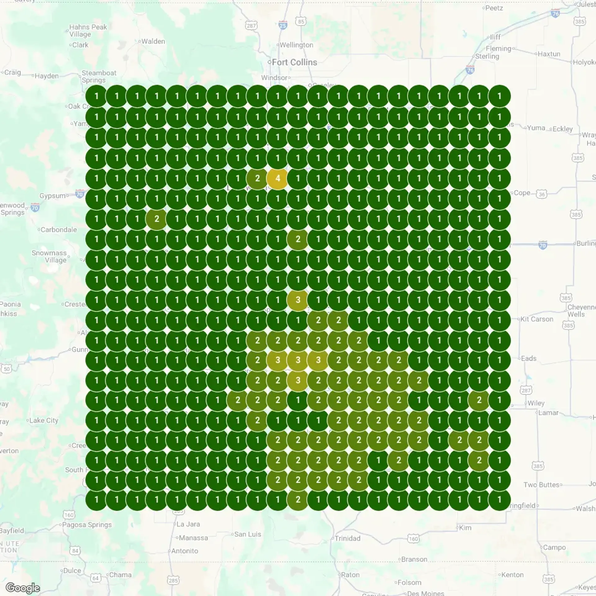 After: SEO heatmap showing all green dots, position #1 across Colorado after 5 days of launching the new website