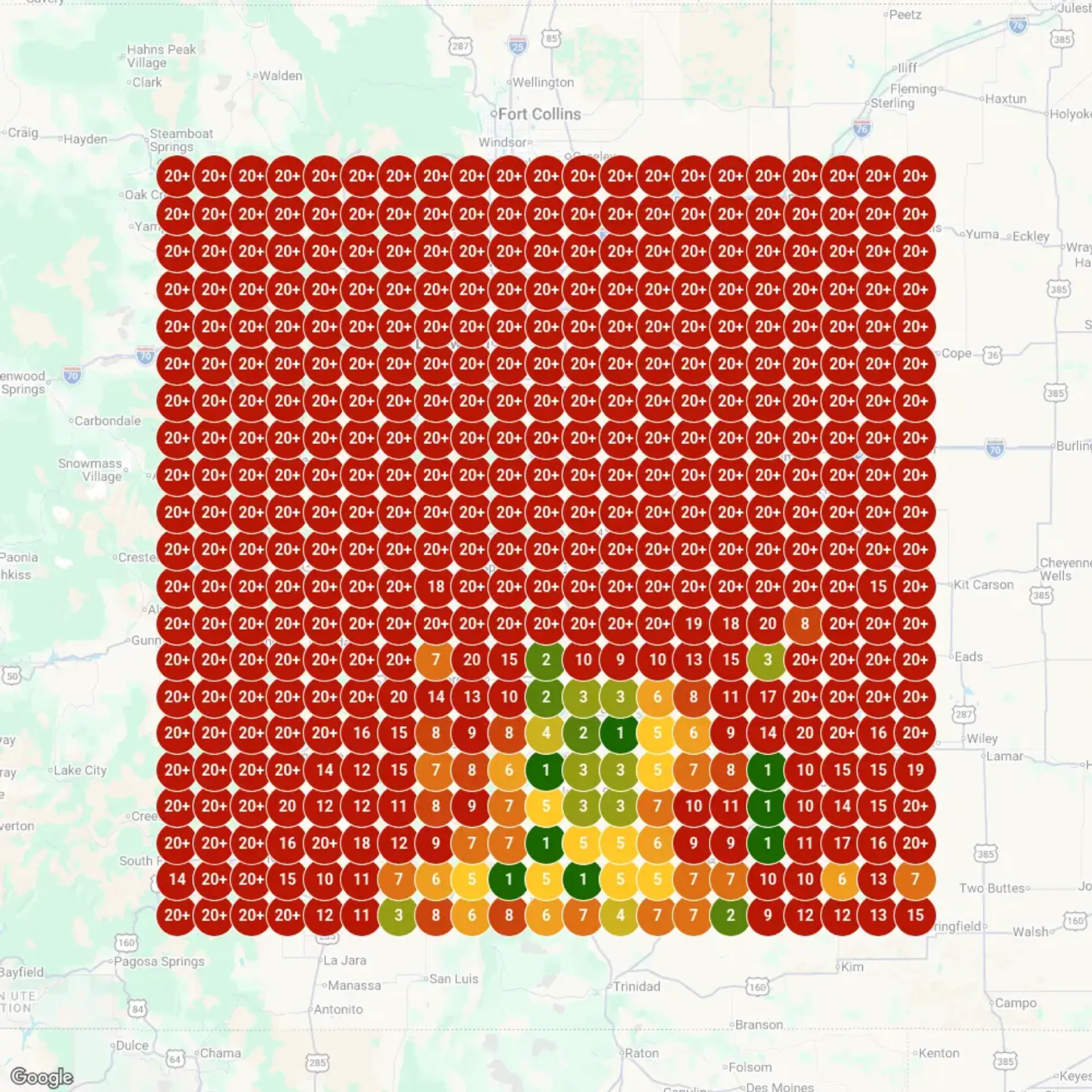 Before: SEO heatmap showing all red dots, position 20+ across Colorado, completely invisible in local search