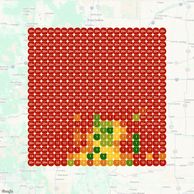 GeoGrid heatmap showing Wedding DJ Colorado ranking #1 across 100 miles of Colorado