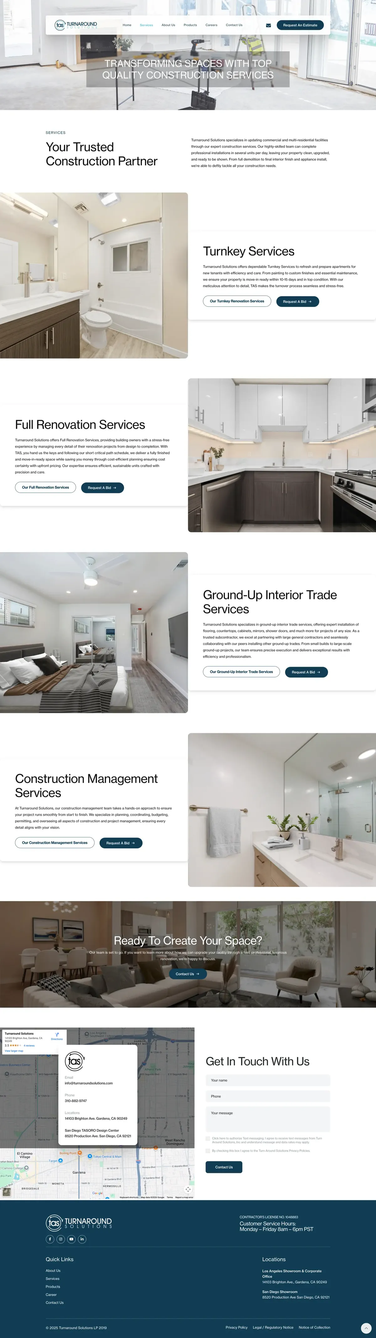 Turnaround Solutions services page showing multifamily renovation service categories with professional imagery