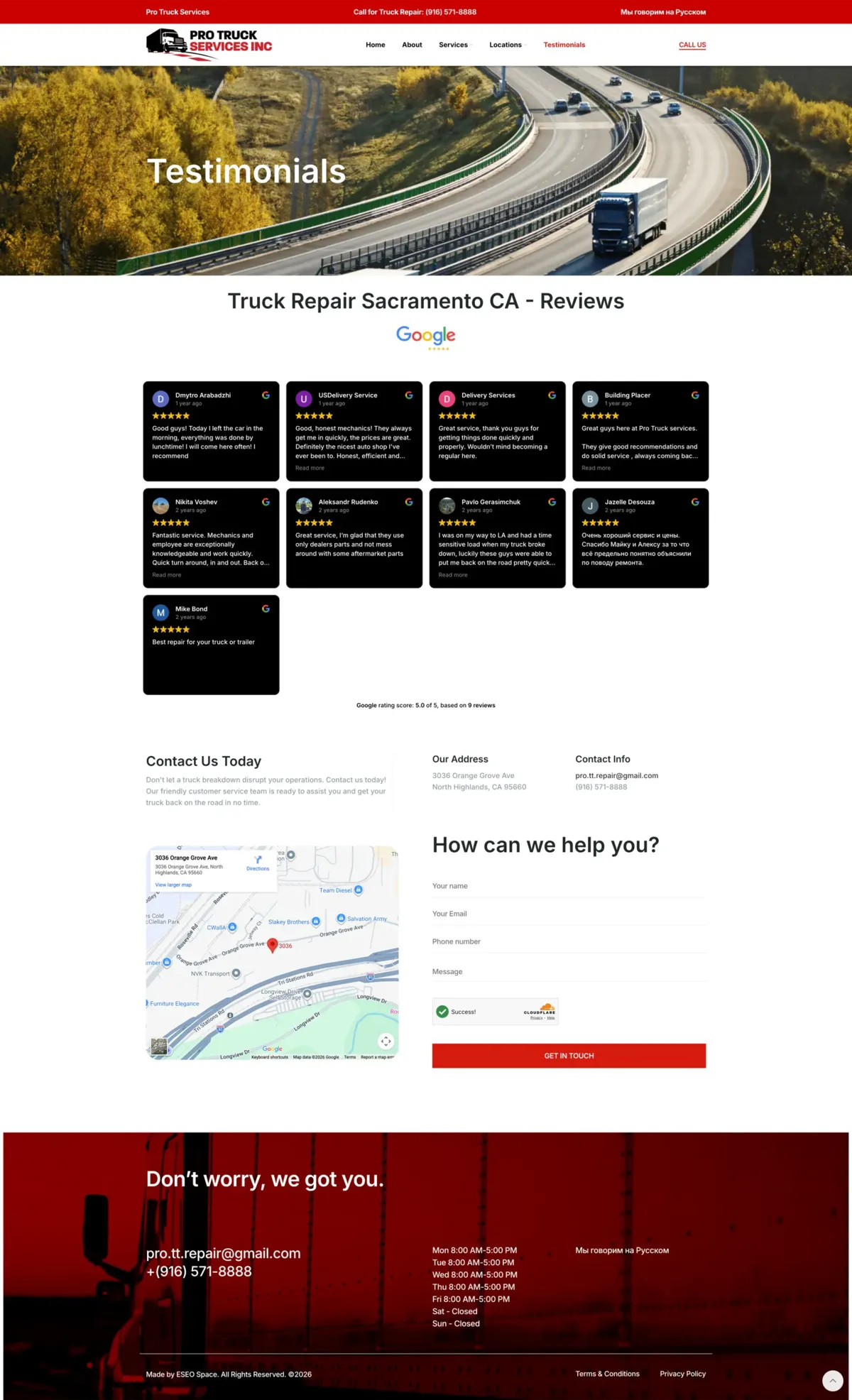 Client testimonials page featuring Google reviews for Pro Truck Services