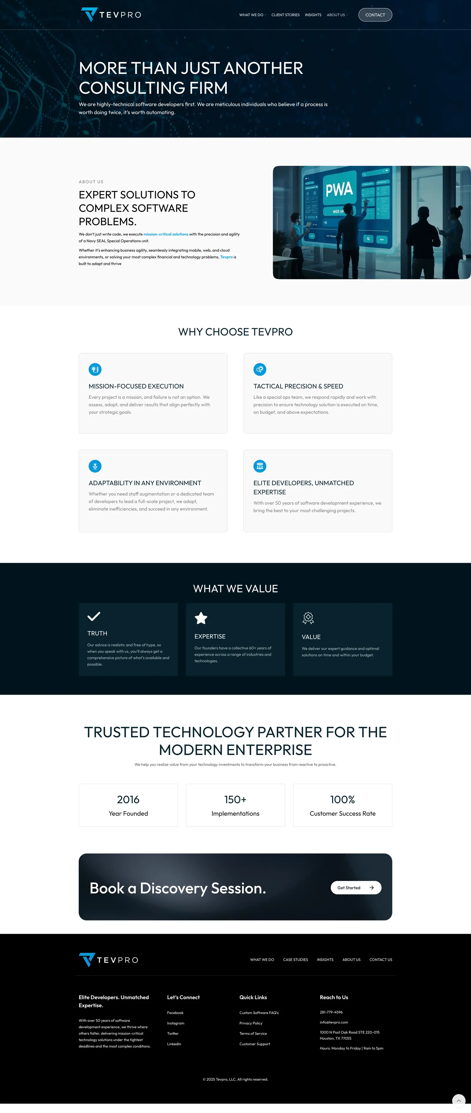 Tevpro About Us page with company values and performance stats