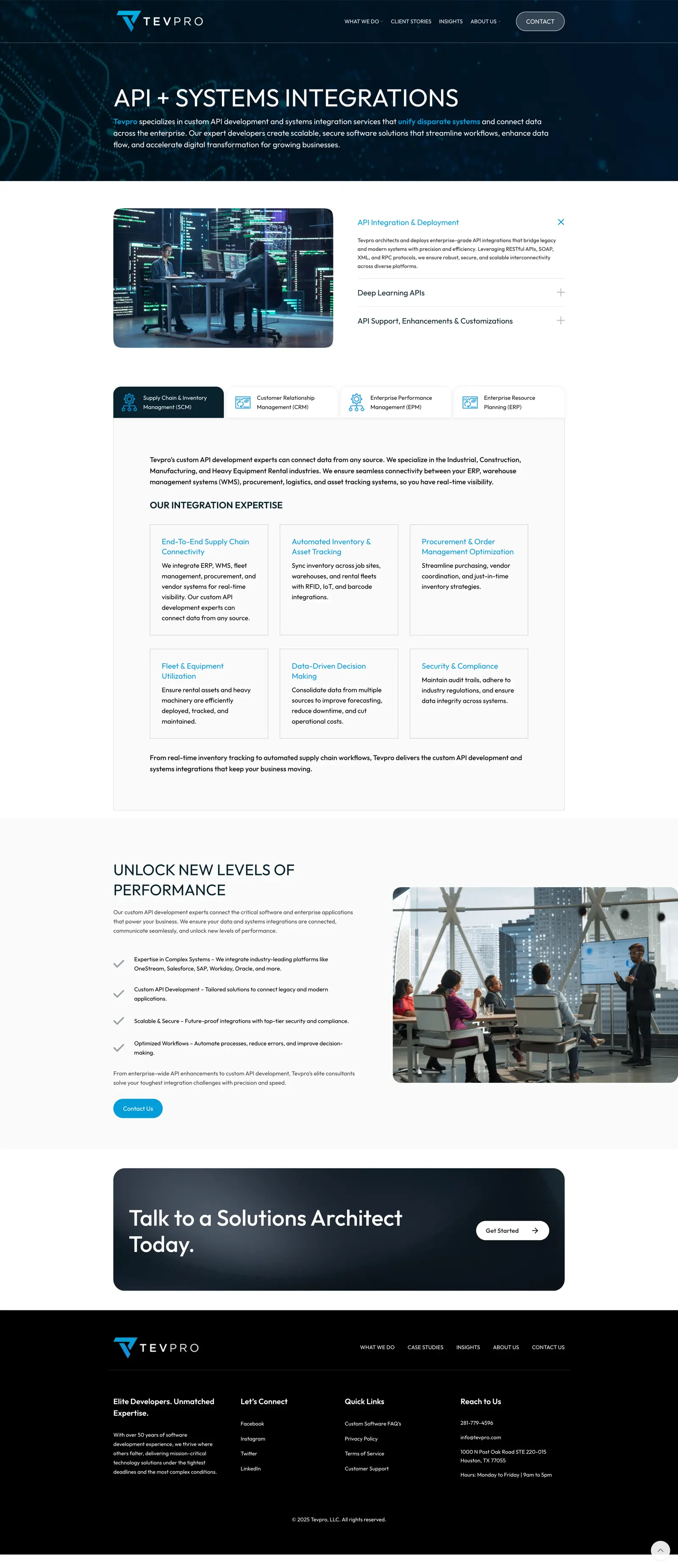 Tevpro API and Systems Integrations service page design