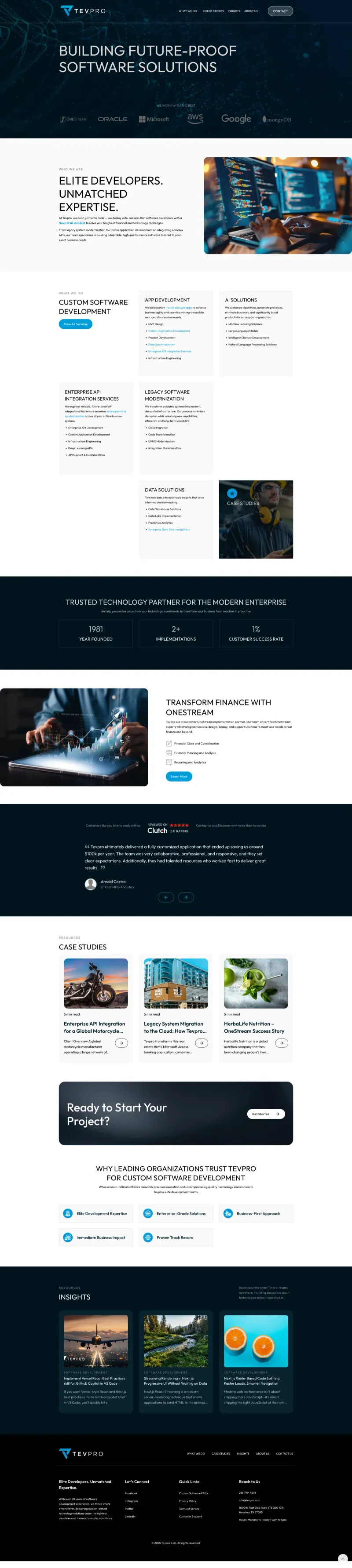 Tevpro website design showcasing custom software development services in Houston, Texas