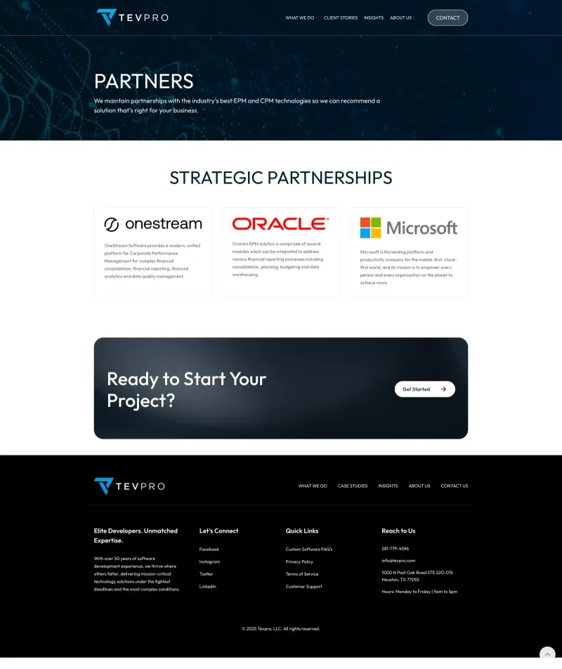 Tevpro Partners page with OneStream, Oracle, and Microsoft logos