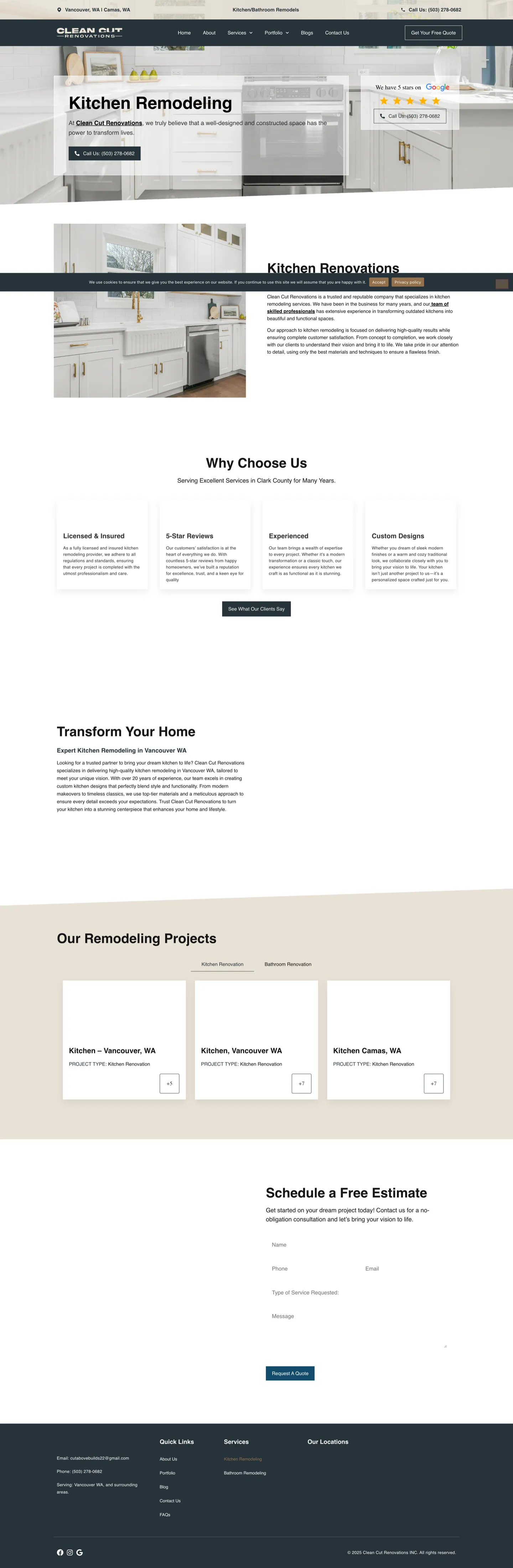 Kitchen remodeling service page with project gallery and contact form