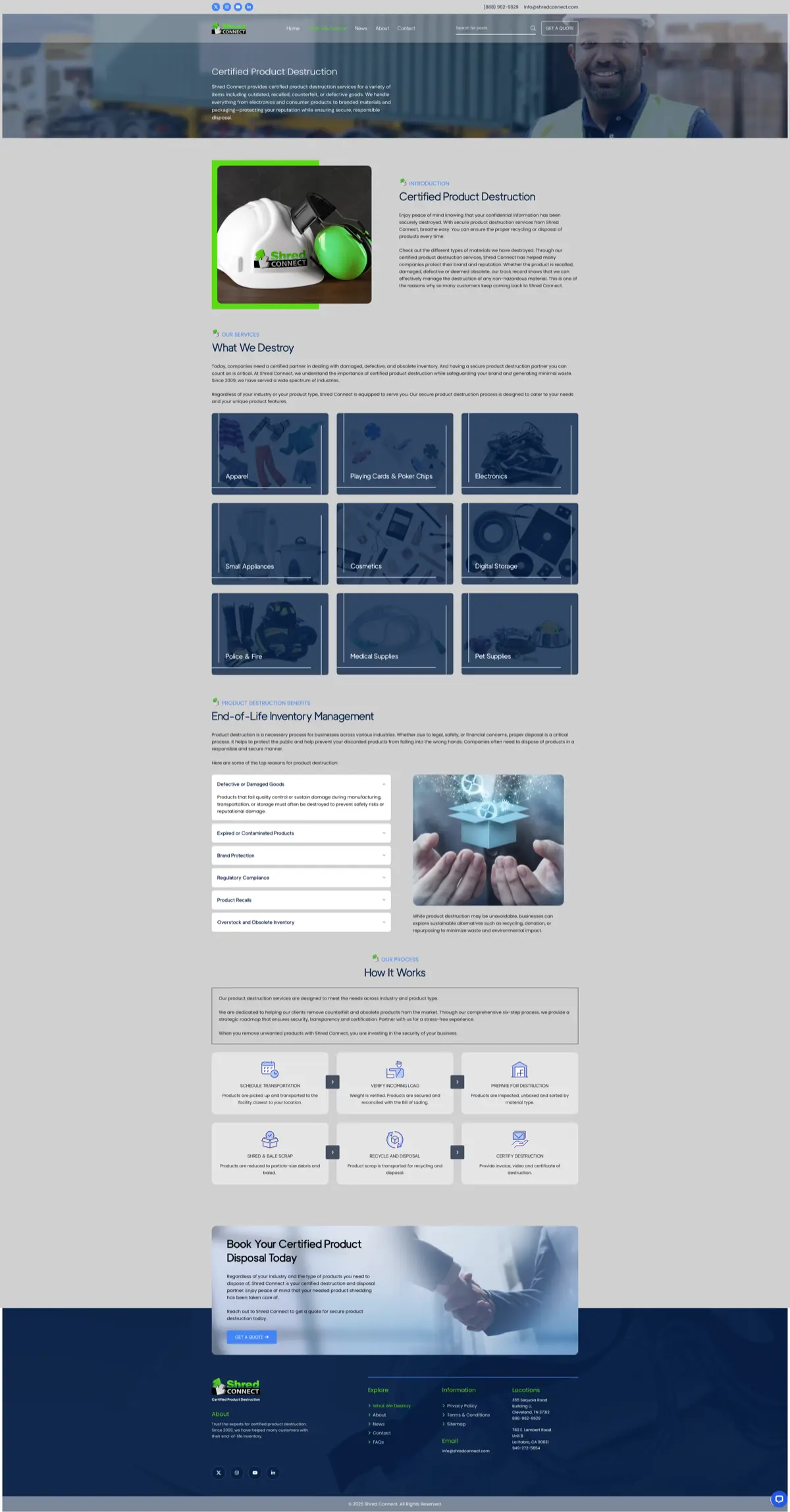 ShredConnect services page showing 9 product destruction categories with image cards and a 6-step process flow diagram