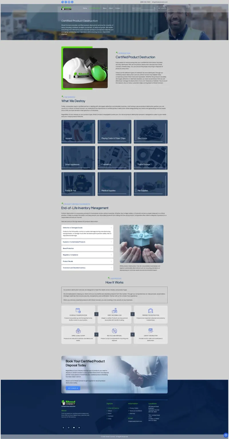 ShredConnect services page showing 9 product categories and 6-step destruction process